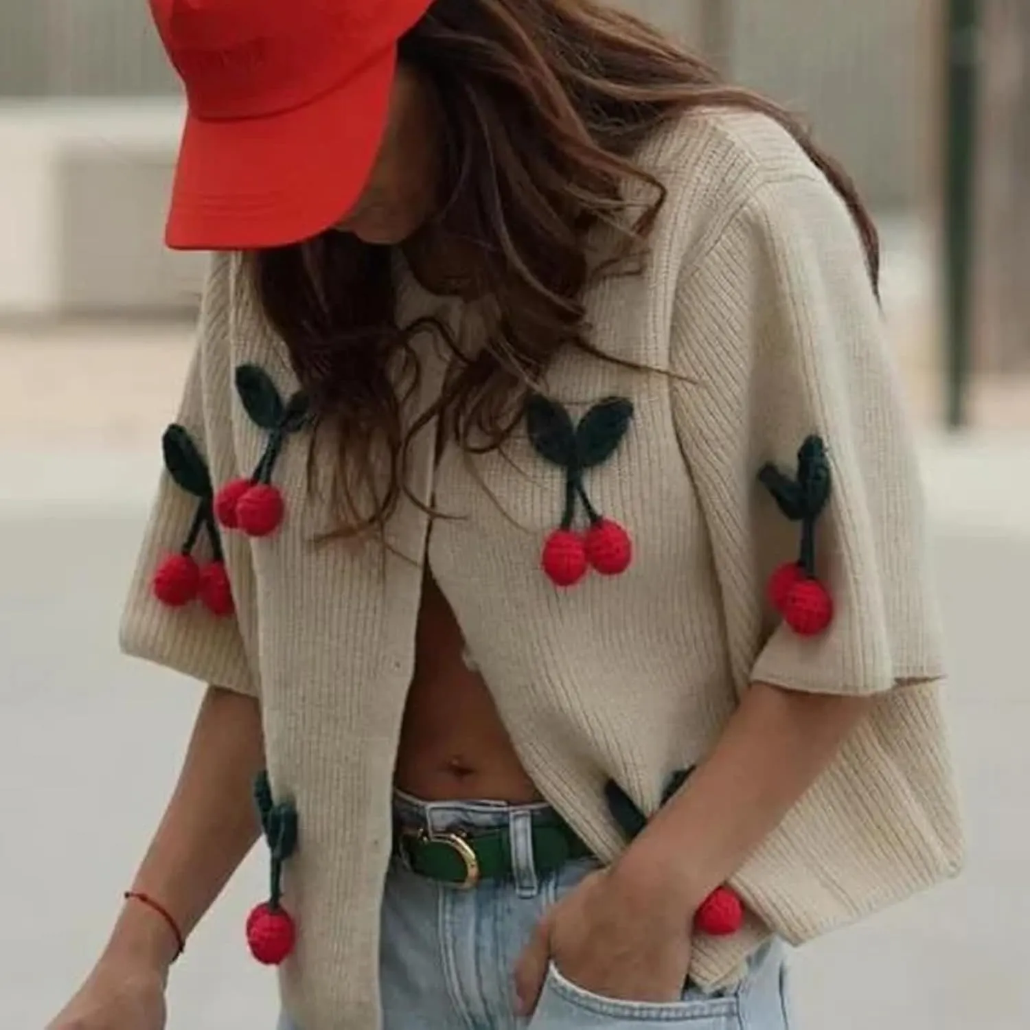 Women's Button Down Cropped Cardigan Cute 3D Cherry Short Sleeve Open Front Knit Top Casual Cable Sweater Coat Y2K