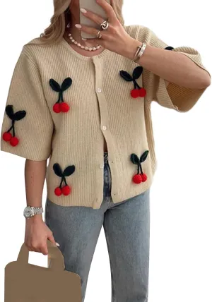 Women's Button Down Cropped Cardigan Cute 3D Cherry Short Sleeve Open Front Knit Top Casual Cable Sweater Coat Y2K