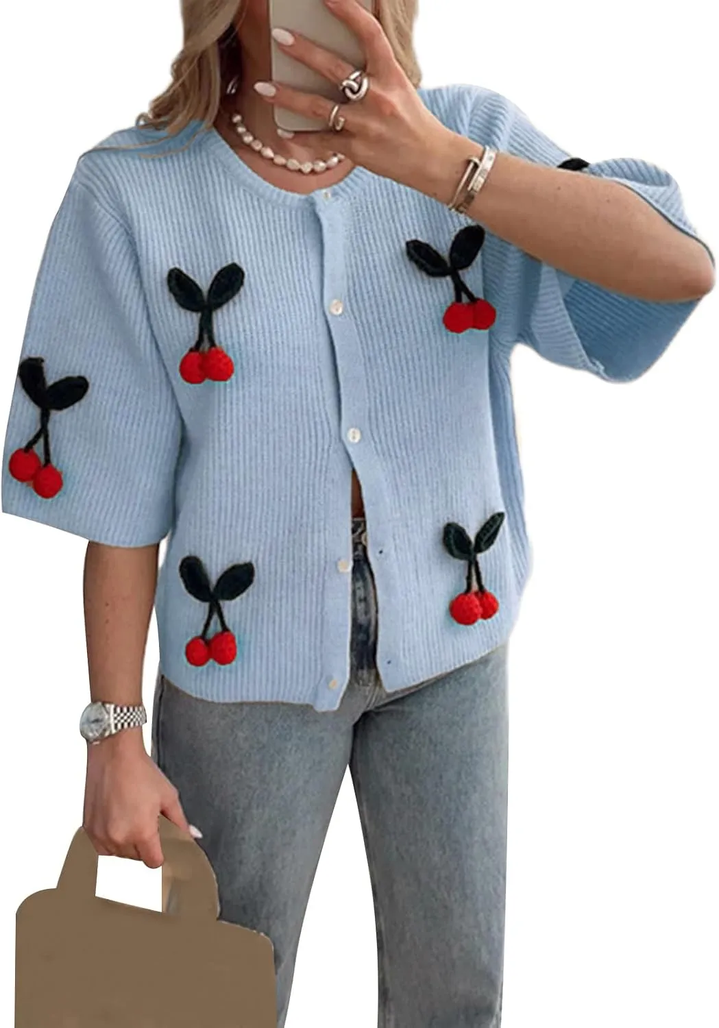 Women's Button Down Cropped Cardigan Cute 3D Cherry Short Sleeve Open Front Knit Top Casual Cable Sweater Coat Y2K