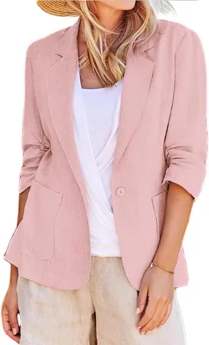 Women's Casual Blazer Cotton Linen Button Lapel Long Sleeve Coat Work Business Blazers Jackets Outfits with Pockets
