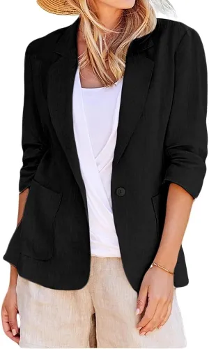 Women's Casual Blazer Cotton Linen Button Lapel Long Sleeve Coat Work Business Blazers Jackets Outfits with Pockets