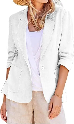 Women's Casual Blazer Cotton Linen Button Lapel Long Sleeve Coat Work Business Blazers Jackets Outfits with Pockets