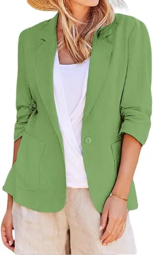 Women's Casual Blazer Cotton Linen Button Lapel Long Sleeve Coat Work Business Blazers Jackets Outfits with Pockets