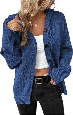 Women's Casual V Neck Button Down Hooded Cardigan Sweaters Long Sleeve Hoodies Outfits