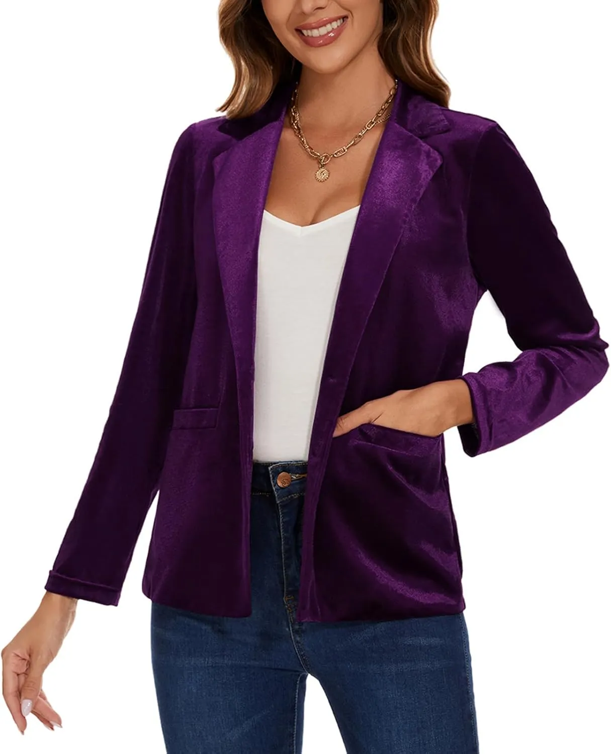 Women's Casual Velvet Blazer Work Office Long Sleeve Lapel Button Tailored Jacket Coat Blazer with Pockets