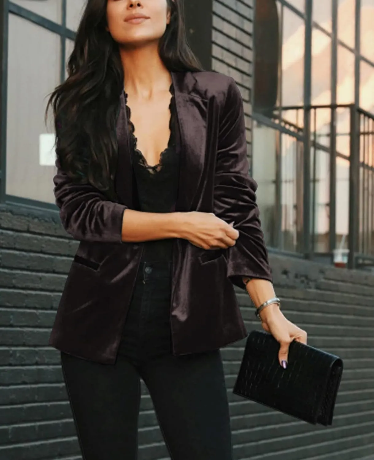 Women's Casual Velvet Blazer Work Office Long Sleeve Lapel Button Tailored Jacket Coat Blazer with Pockets
