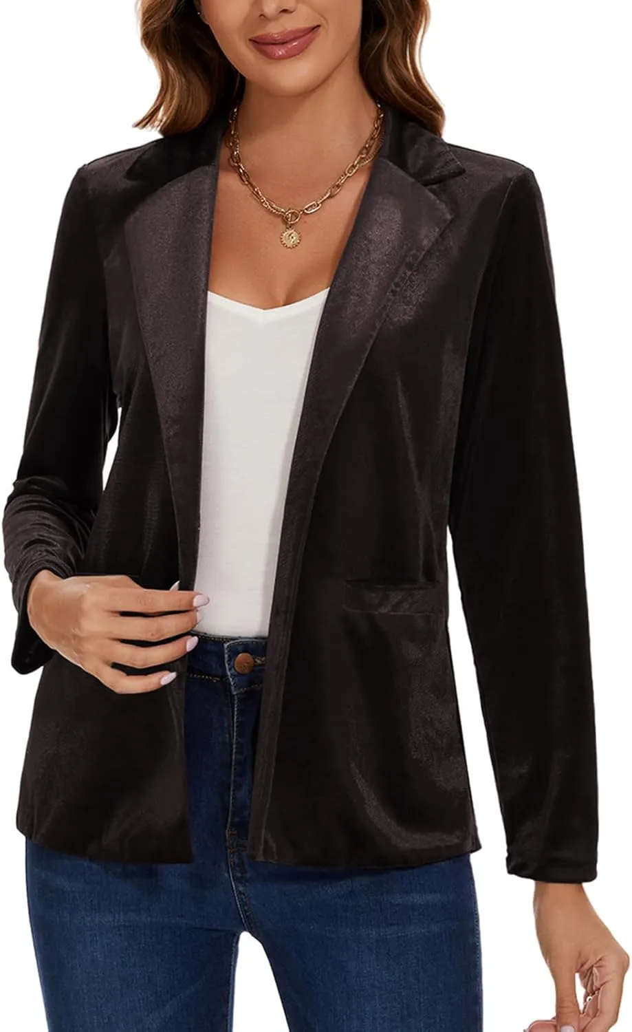 Women's Casual Velvet Blazer Work Office Long Sleeve Lapel Button Tailored Jacket Coat Blazer with Pockets