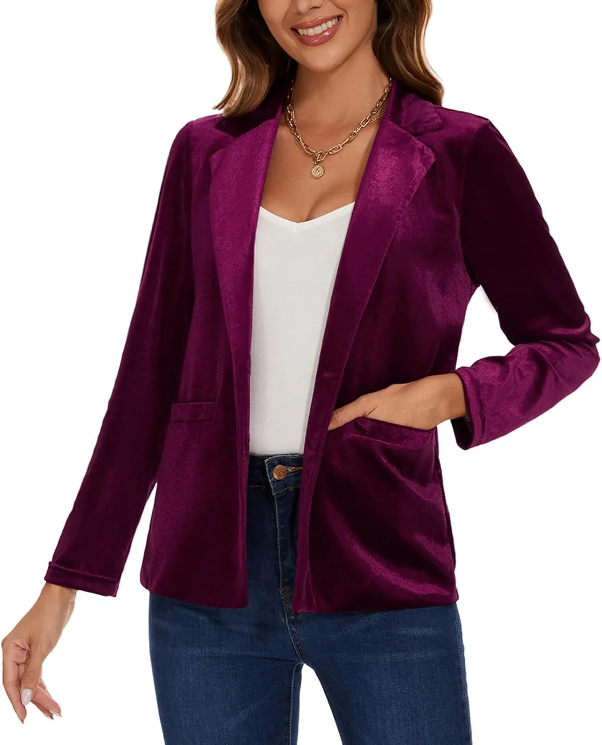 Women's Casual Velvet Blazer Work Office Long Sleeve Lapel Button Tailored Jacket Coat Blazer with Pockets