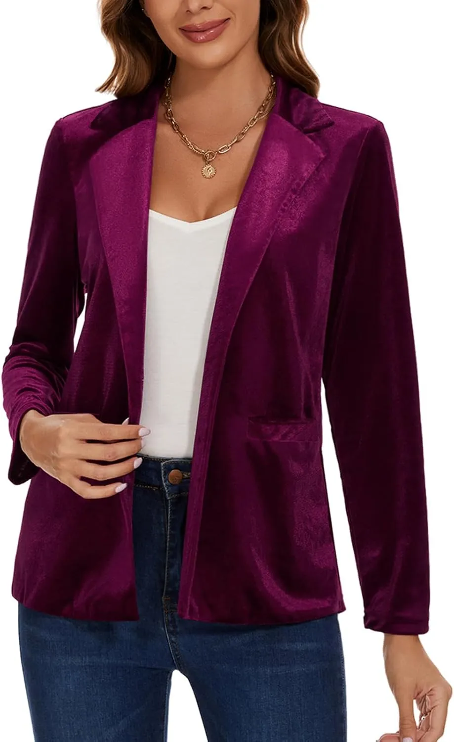 Women's Casual Velvet Blazer Work Office Long Sleeve Lapel Button Tailored Jacket Coat Blazer with Pockets