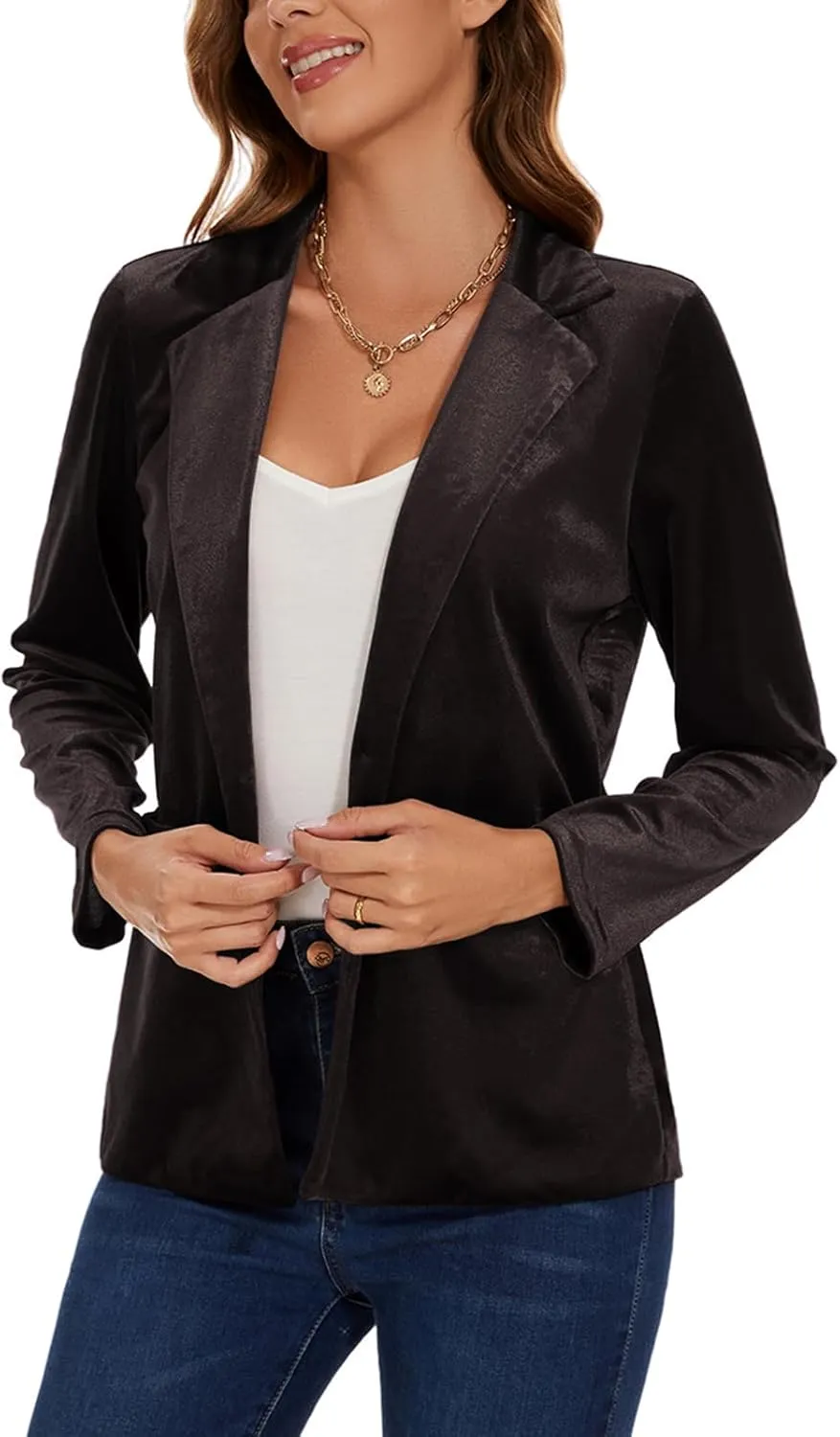 Women's Casual Velvet Blazer Work Office Long Sleeve Lapel Button Tailored Jacket Coat Blazer with Pockets