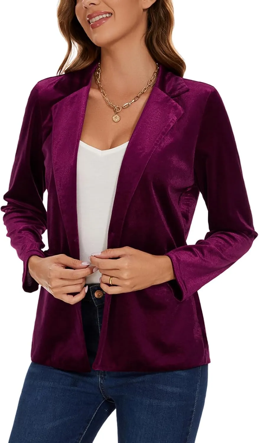 Women's Casual Velvet Blazer Work Office Long Sleeve Lapel Button Tailored Jacket Coat Blazer with Pockets