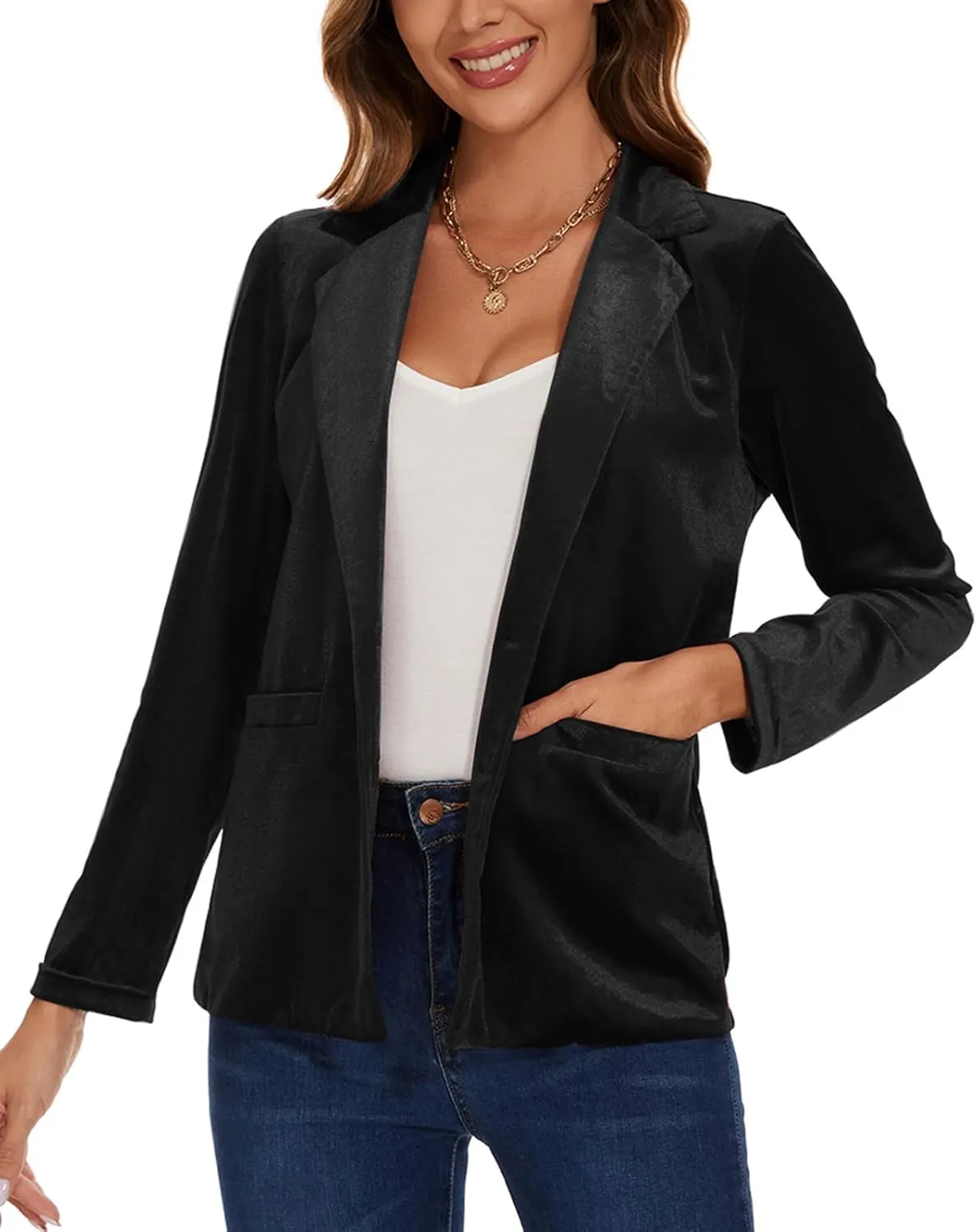 Women's Casual Velvet Blazer Work Office Long Sleeve Lapel Button Tailored Jacket Coat Blazer with Pockets