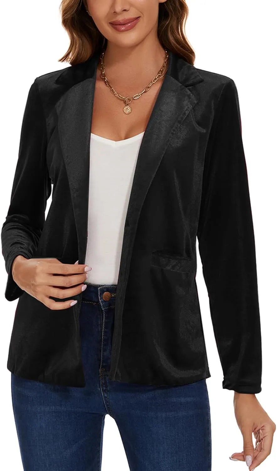Women's Casual Velvet Blazer Work Office Long Sleeve Lapel Button Tailored Jacket Coat Blazer with Pockets