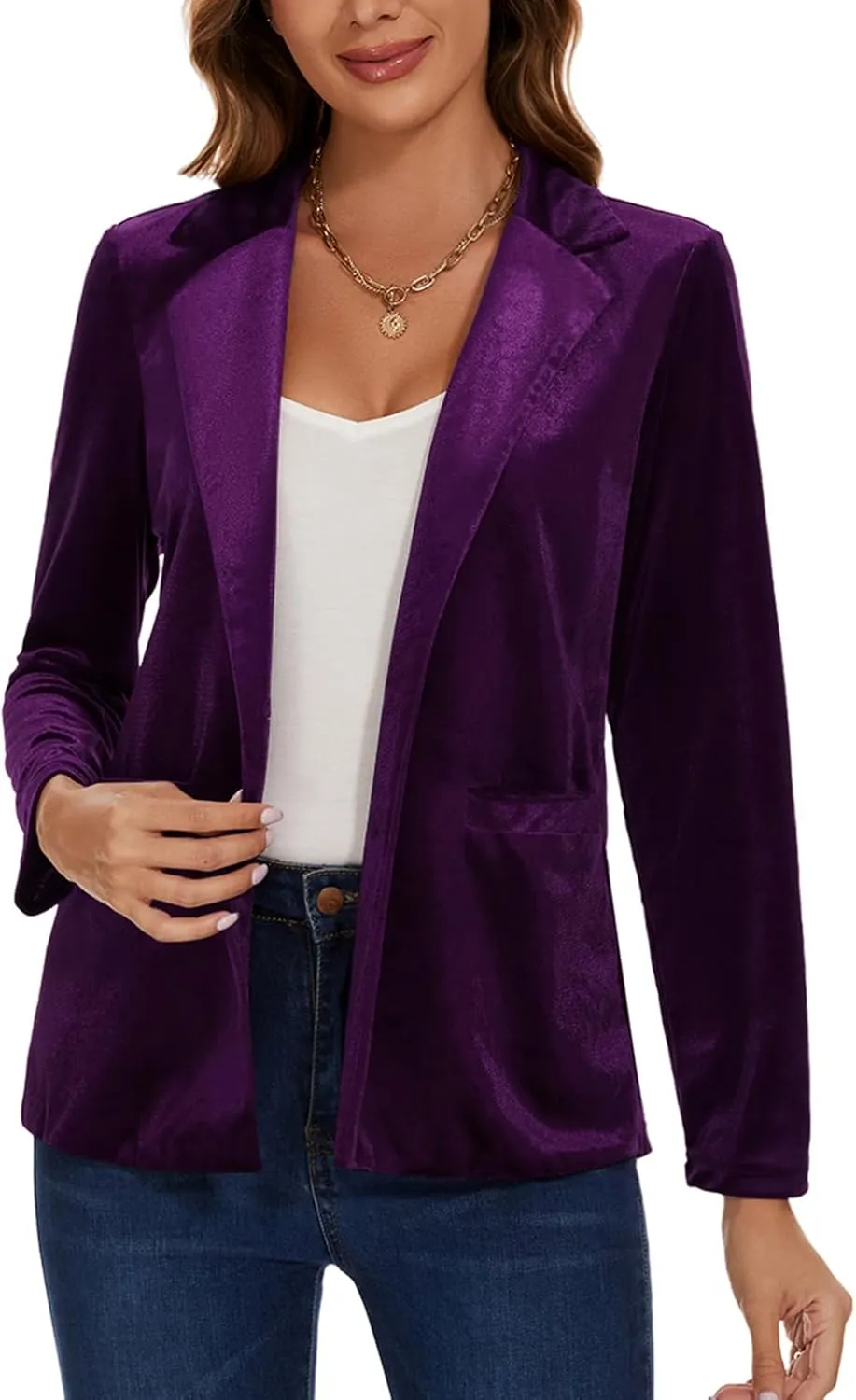 Women's Casual Velvet Blazer Work Office Long Sleeve Lapel Button Tailored Jacket Coat Blazer with Pockets