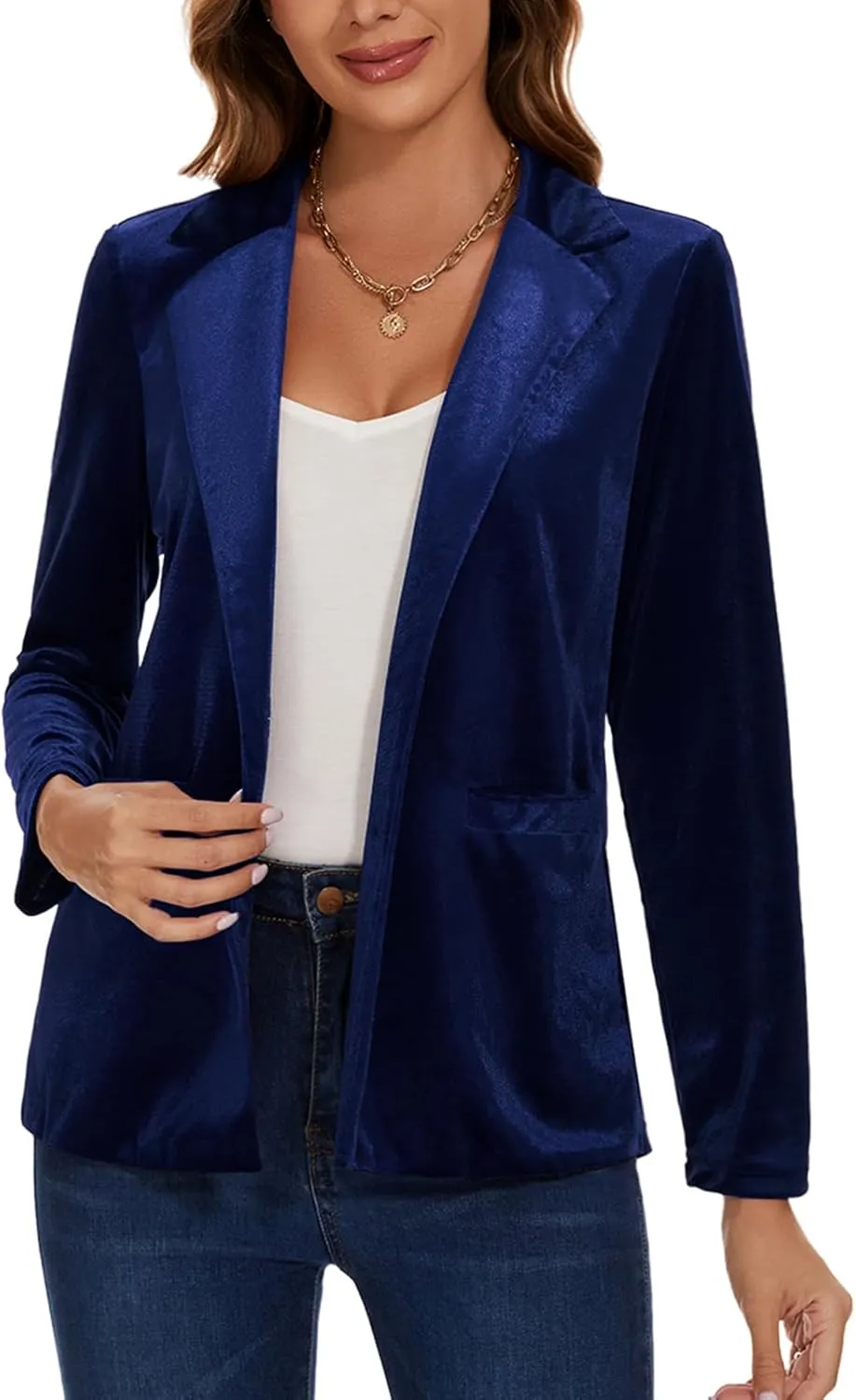 Women's Casual Velvet Blazer Work Office Long Sleeve Lapel Button Tailored Jacket Coat Blazer with Pockets