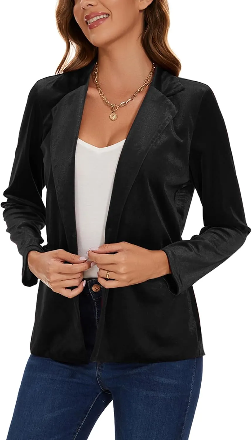 Women's Casual Velvet Blazer Work Office Long Sleeve Lapel Button Tailored Jacket Coat Blazer with Pockets