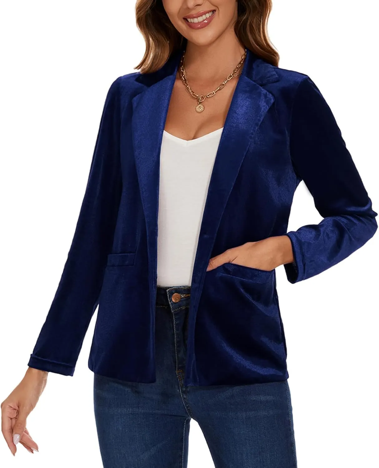 Women's Casual Velvet Blazer Work Office Long Sleeve Lapel Button Tailored Jacket Coat Blazer with Pockets