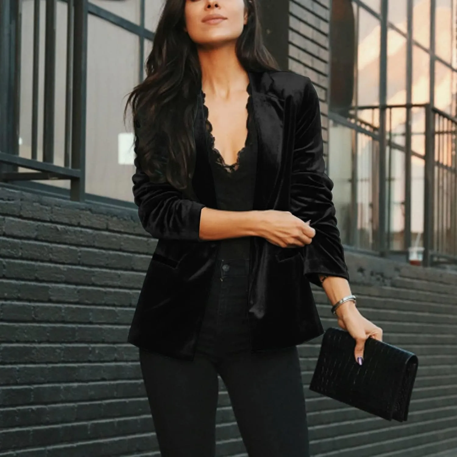 Women's Casual Velvet Blazer Work Office Long Sleeve Lapel Button Tailored Jacket Coat Blazer with Pockets