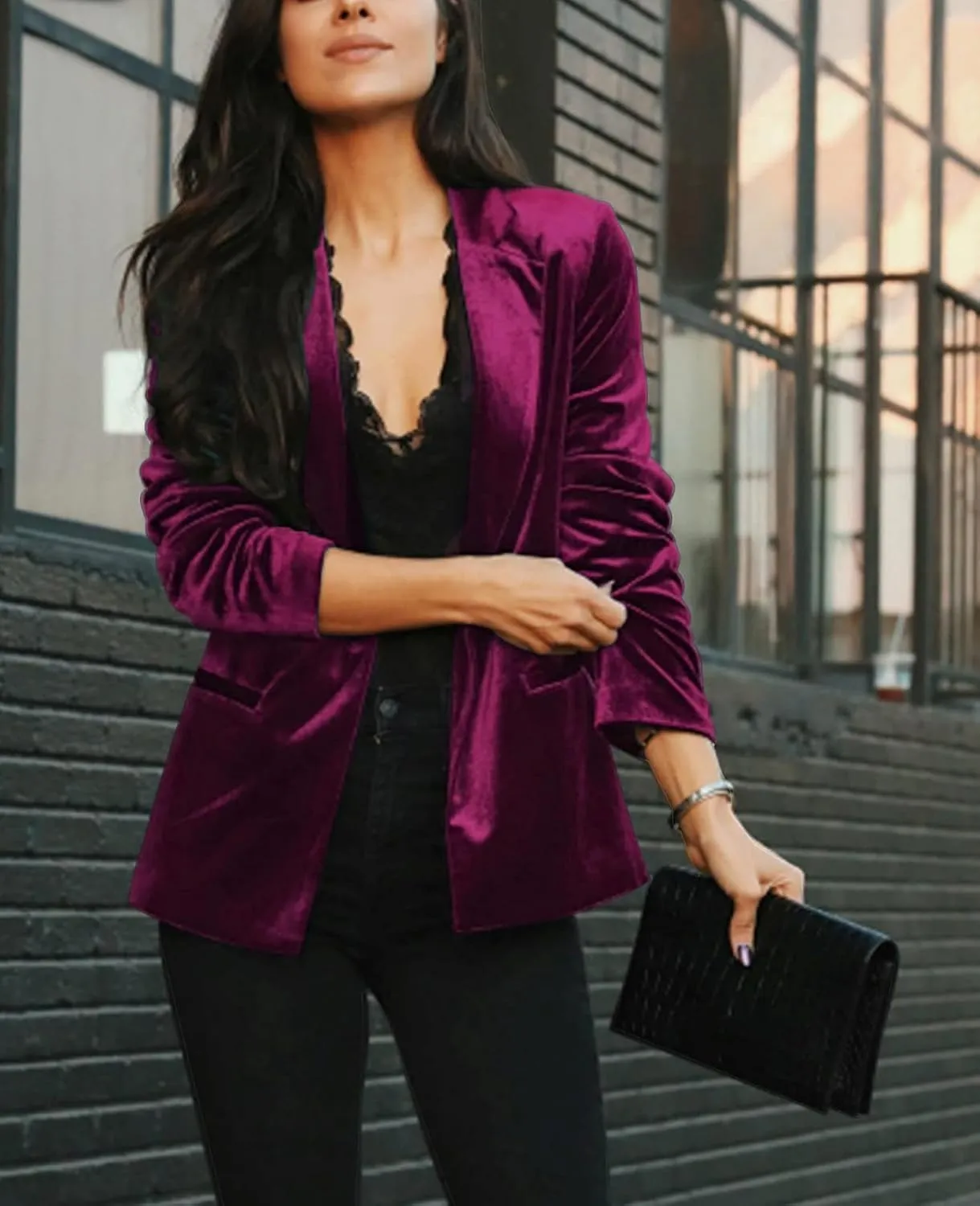 Women's Casual Velvet Blazer Work Office Long Sleeve Lapel Button Tailored Jacket Coat Blazer with Pockets