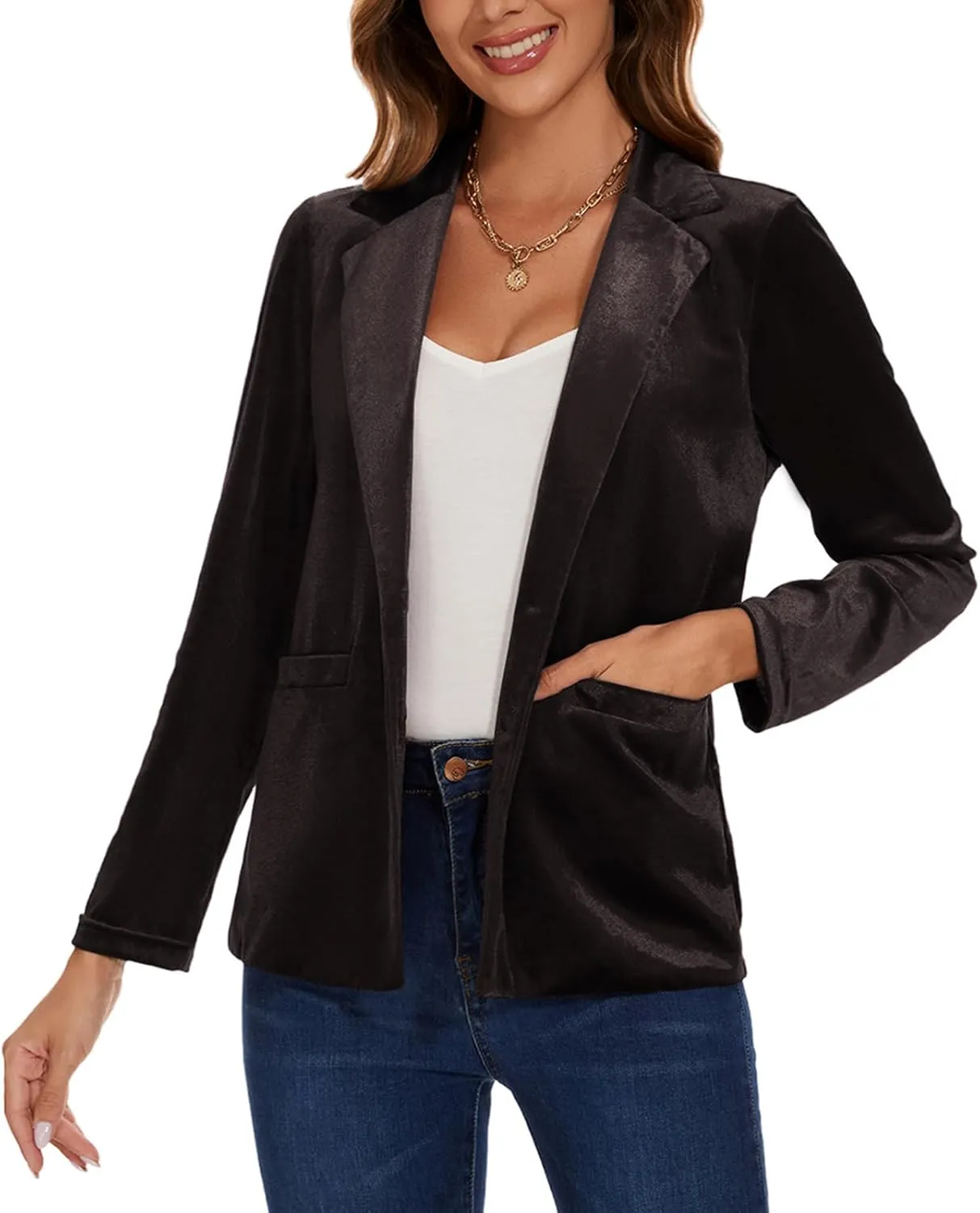 Women's Casual Velvet Blazer Work Office Long Sleeve Lapel Button Tailored Jacket Coat Blazer with Pockets