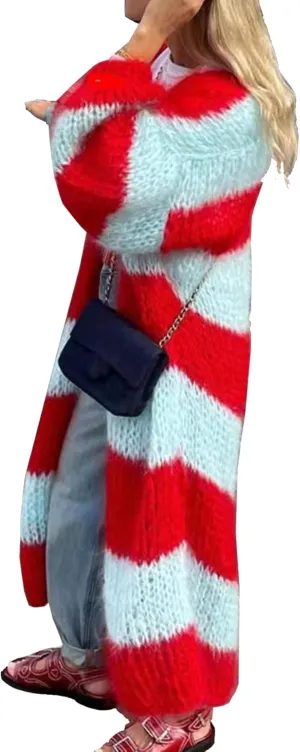 Womens Color Block Striped Cardigan Sweaters Loose Knitted Long Open Front Cardigans(-Red-S)