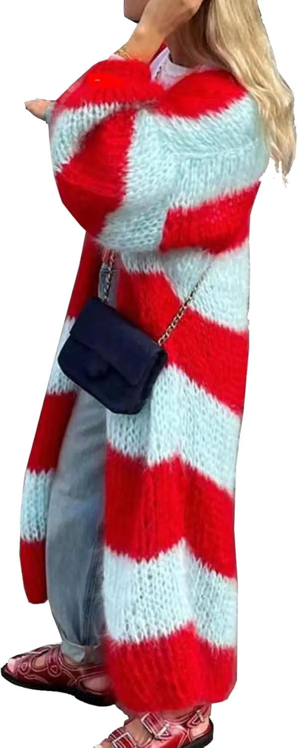 Womens Color Block Striped Cardigan Sweaters Loose Knitted Long Open Front Cardigans(-Red-S)