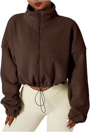 Women's Cropped Fleece Jacket 2024 Winter Full Zip Jackets Collar Long Sleeve Short Coat