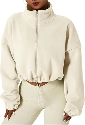 Women's Cropped Fleece Jacket 2024 Winter Full Zip Jackets Collar Long Sleeve Short Coat