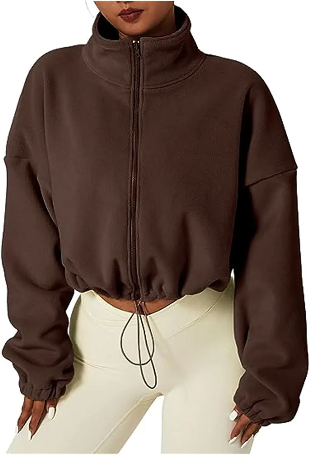 Women's Cropped Fleece Jacket 2024 Winter Full Zip Jackets Collar Long Sleeve Short Coat