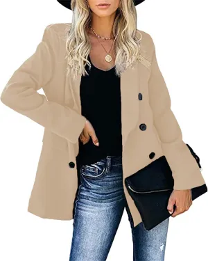 Womens Fall Winter Double Breasted Wool Coats Midi Peacoat Trench Coats with Pockets