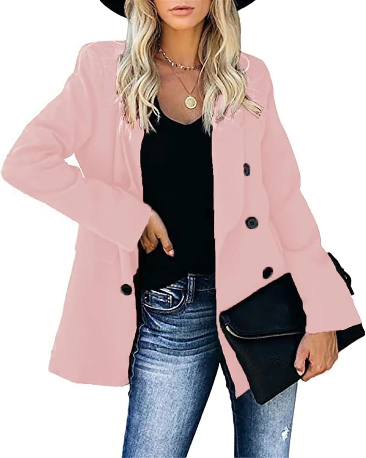 Womens Fall Winter Double Breasted Wool Coats Midi Peacoat Trench Coats with Pockets