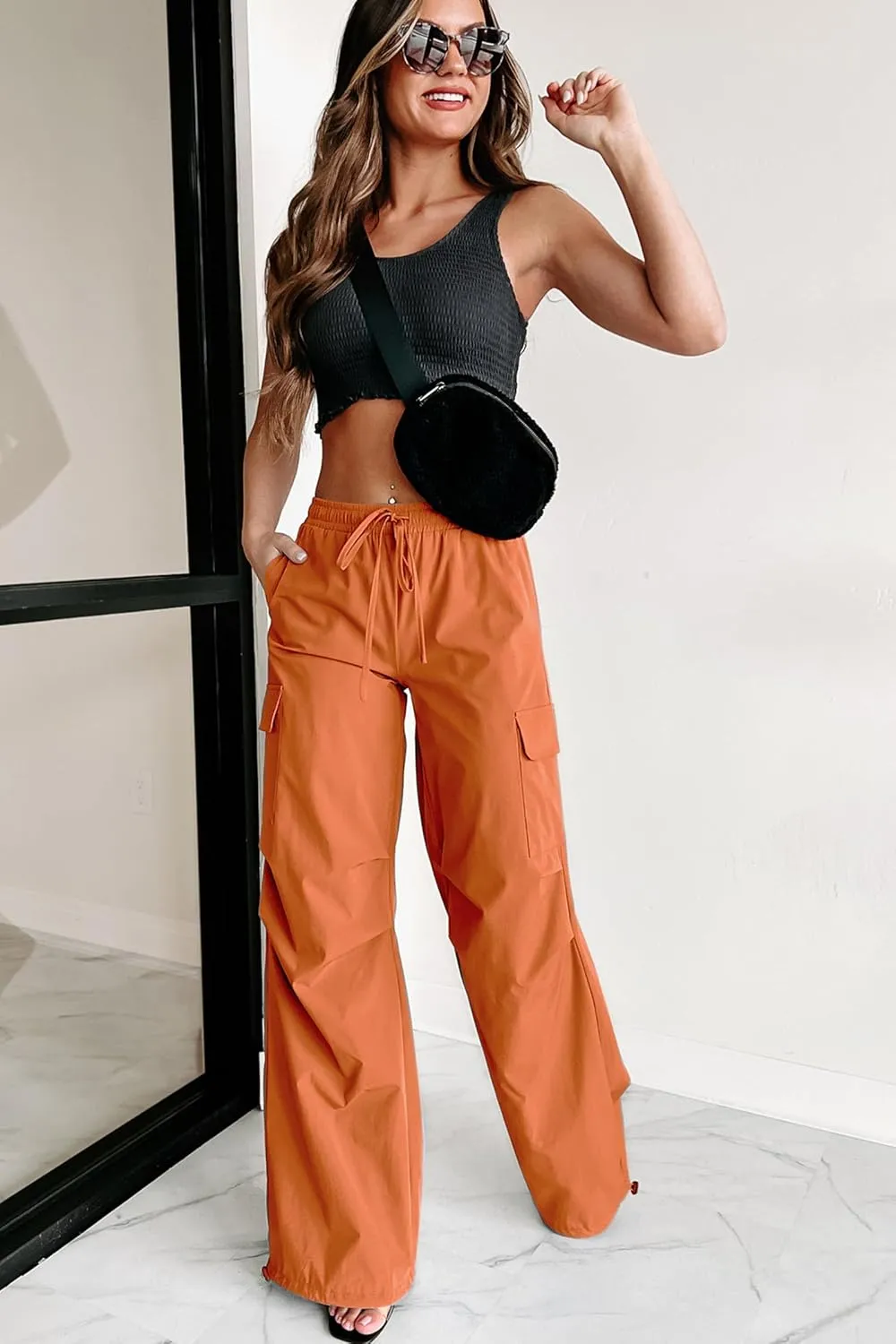 Women's Fashion Parachute Pants Y2K Baggy High Waisted Wide Leg Drawstring Cargo Pants with Pockets 2024