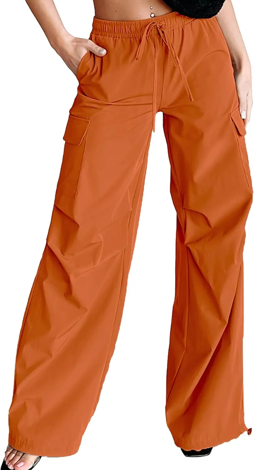 Women's Fashion Parachute Pants Y2K Baggy High Waisted Wide Leg Drawstring Cargo Pants with Pockets 2024