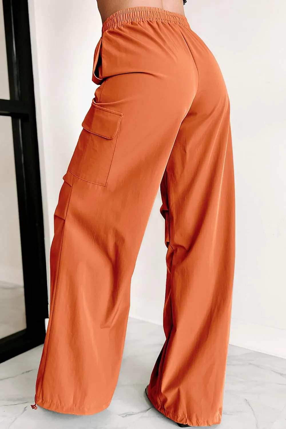 Women's Fashion Parachute Pants Y2K Baggy High Waisted Wide Leg Drawstring Cargo Pants with Pockets 2024