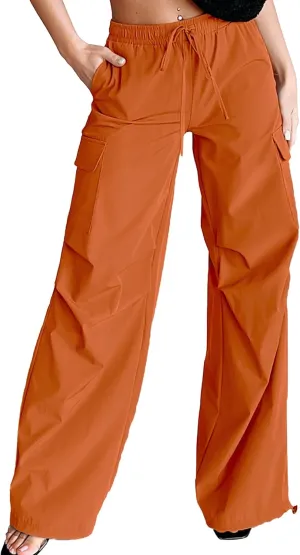 Women's Fashion Parachute Pants Y2K Baggy High Waisted Wide Leg Drawstring Cargo Pants with Pockets 2024