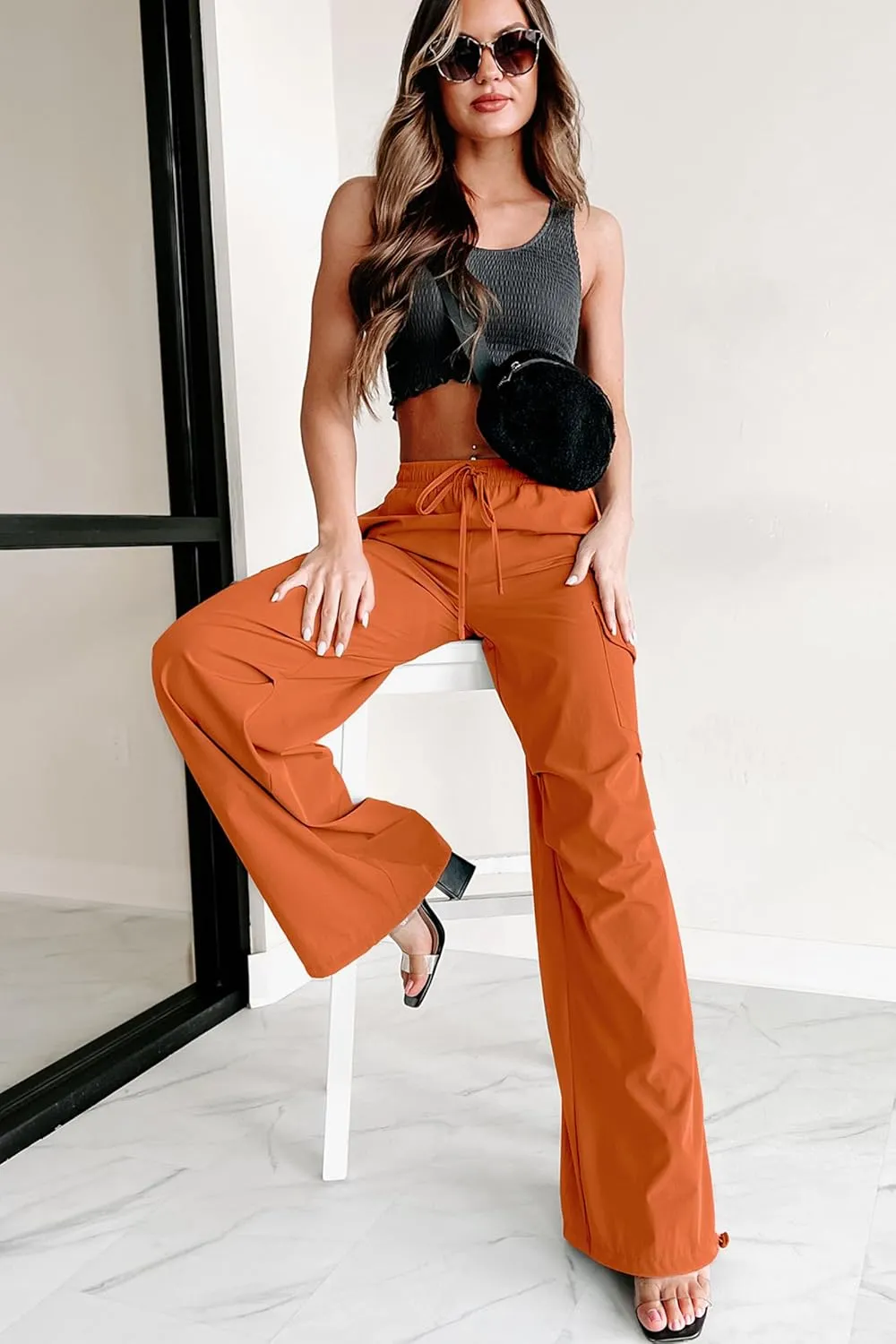 Women's Fashion Parachute Pants Y2K Baggy High Waisted Wide Leg Drawstring Cargo Pants with Pockets 2024