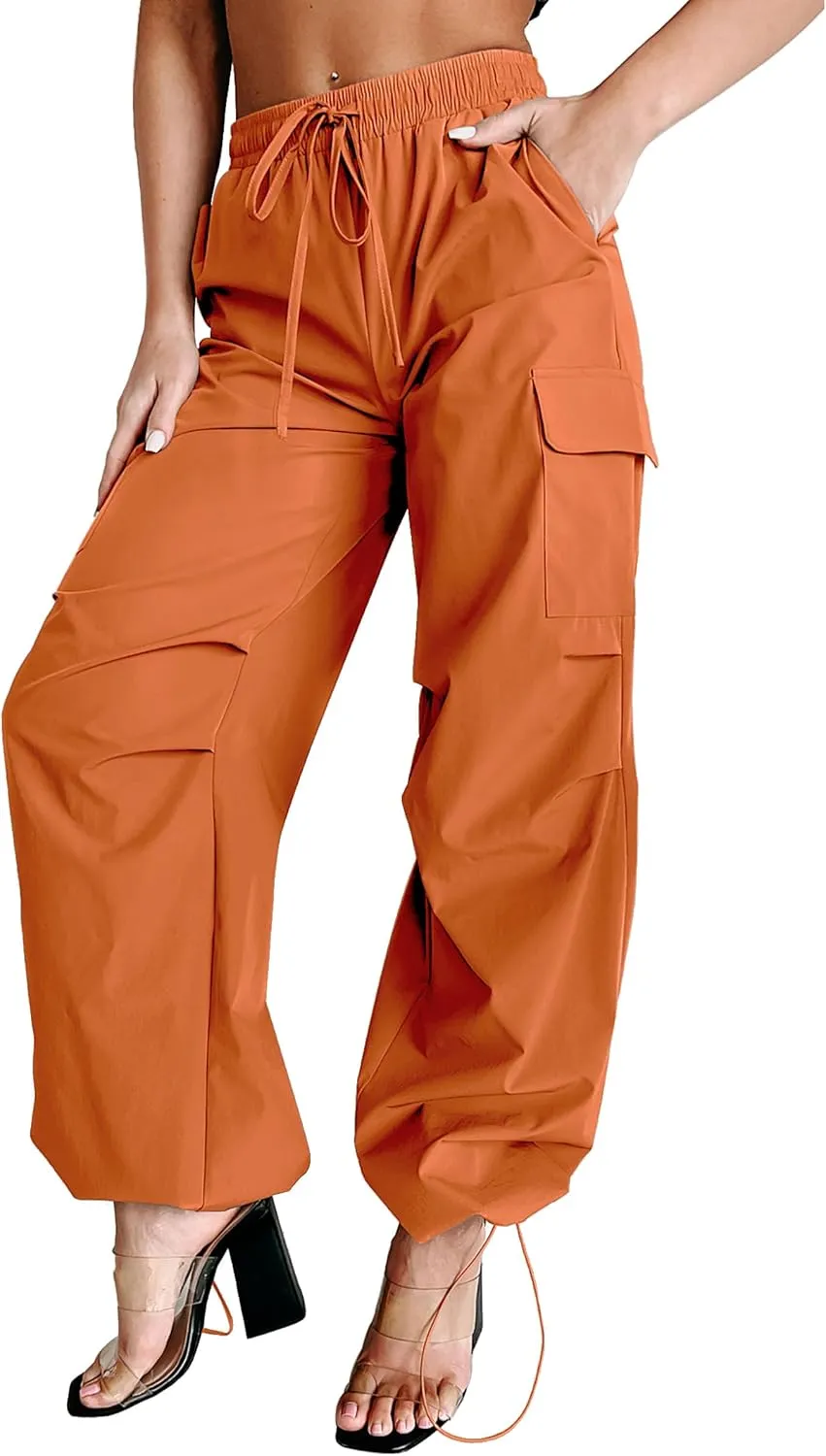 Women's Fashion Parachute Pants Y2K Baggy High Waisted Wide Leg Drawstring Cargo Pants with Pockets 2024