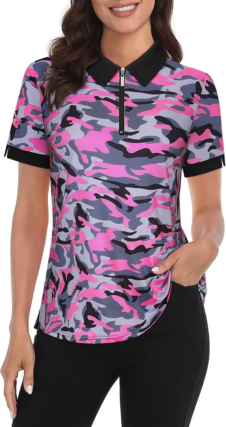 Womens Golf Shirts 1/4 Zip Up Short Sleeve Polo Workout Shirts UPF 50  Quick Dry Tennis Athletic Pullover Tops