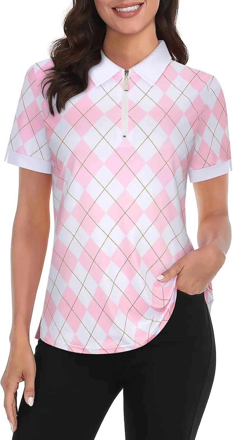 Womens Golf Shirts 1/4 Zip Up Short Sleeve Polo Workout Shirts UPF 50  Quick Dry Tennis Athletic Pullover Tops