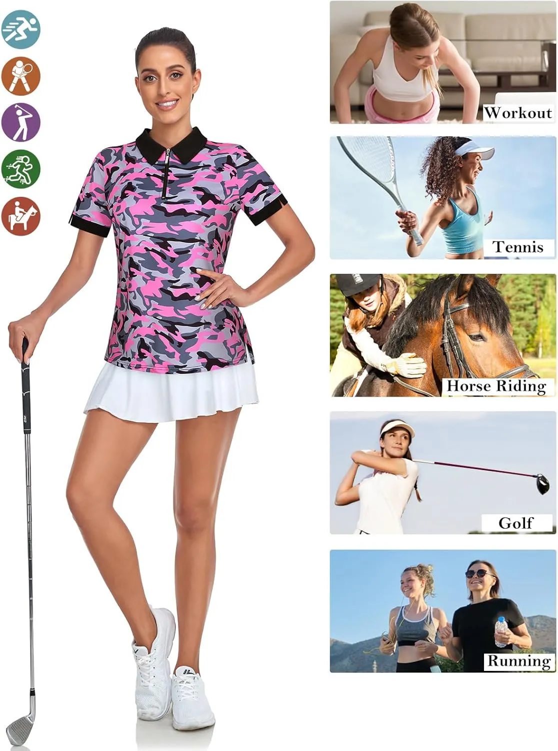 Womens Golf Shirts 1/4 Zip Up Short Sleeve Polo Workout Shirts UPF 50  Quick Dry Tennis Athletic Pullover Tops