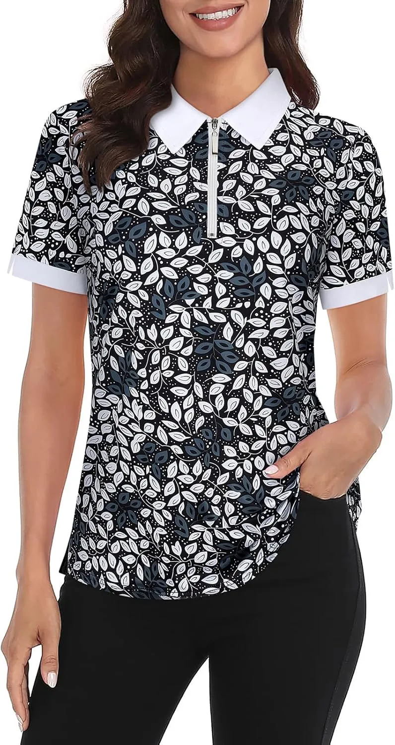 Womens Golf Shirts 1/4 Zip Up Short Sleeve Polo Workout Shirts UPF 50  Quick Dry Tennis Athletic Pullover Tops
