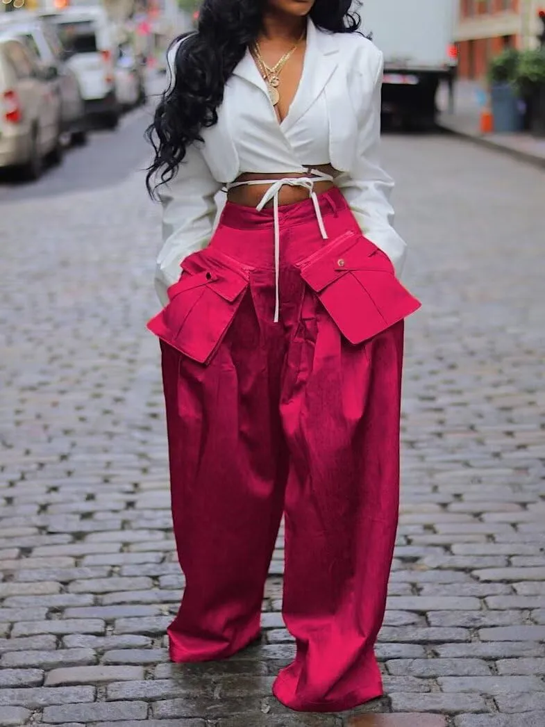 Women's High Waisted Wide Leg Satin Cargo Pants Flowy Trousers with Zipper Pockets