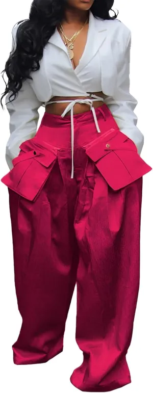 Women's High Waisted Wide Leg Satin Cargo Pants Flowy Trousers with Zipper Pockets