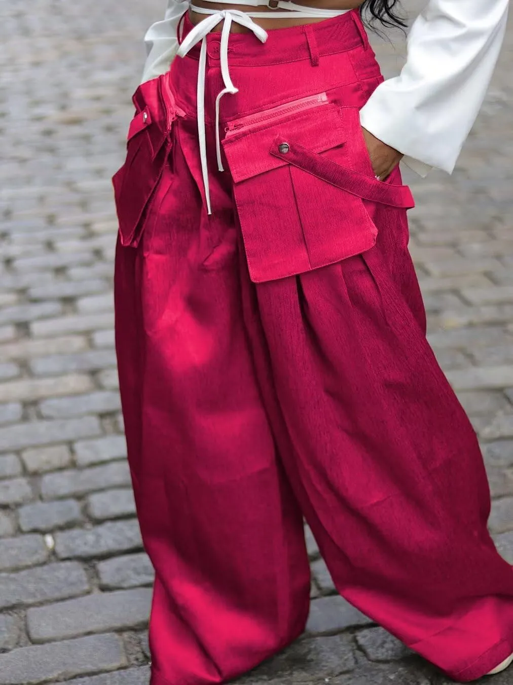 Women's High Waisted Wide Leg Satin Cargo Pants Flowy Trousers with Zipper Pockets