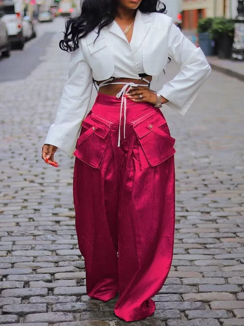 Women's High Waisted Wide Leg Satin Cargo Pants Flowy Trousers with Zipper Pockets
