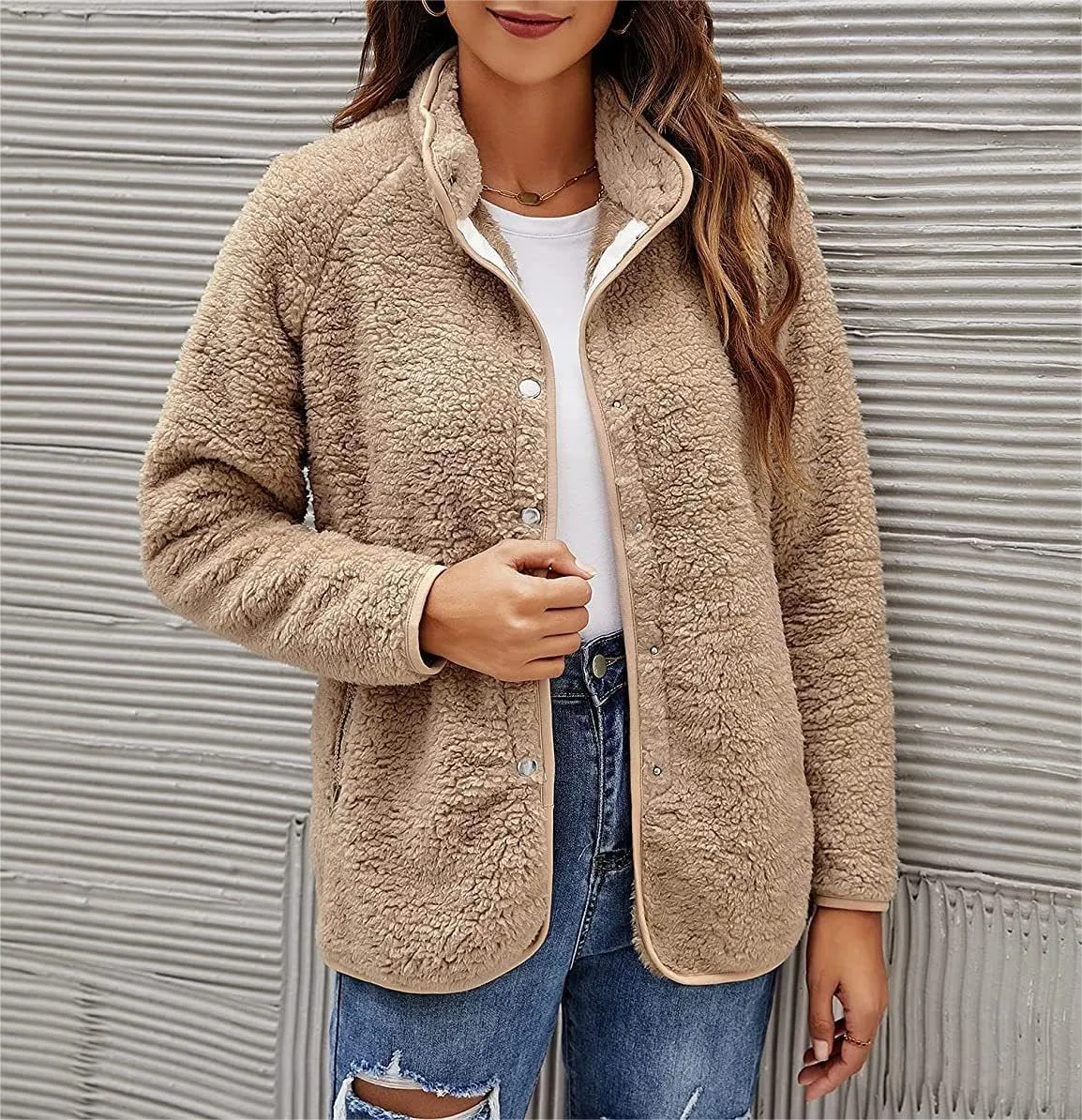 Women's Lapel Button Down Warm Fuzzy Fleece Jacket Long Sleeve Cardigan Coat Oversized Winter Outwear with Pockets