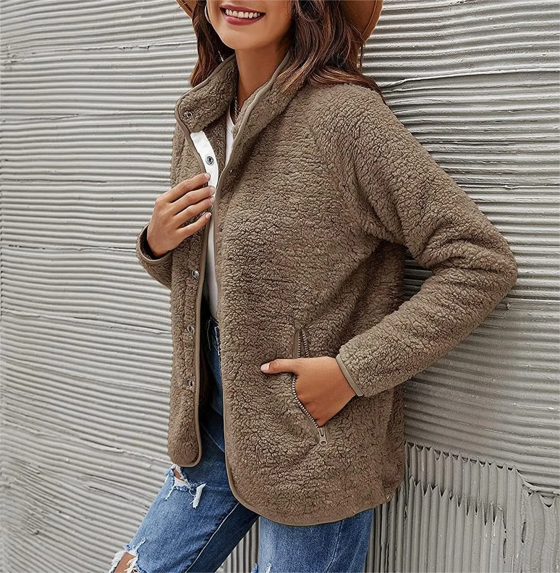 Women's Lapel Button Down Warm Fuzzy Fleece Jacket Long Sleeve Cardigan Coat Oversized Winter Outwear with Pockets