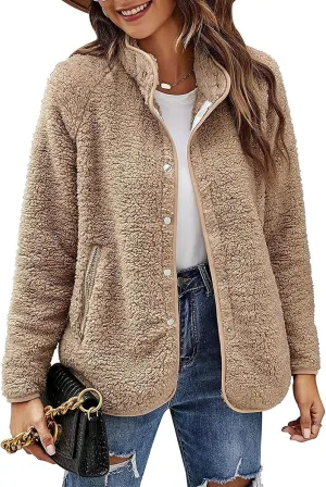 Women's Lapel Button Down Warm Fuzzy Fleece Jacket Long Sleeve Cardigan Coat Oversized Winter Outwear with Pockets
