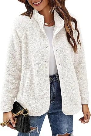 Women's Lapel Button Down Warm Fuzzy Fleece Jacket Long Sleeve Cardigan Coat Oversized Winter Outwear with Pockets