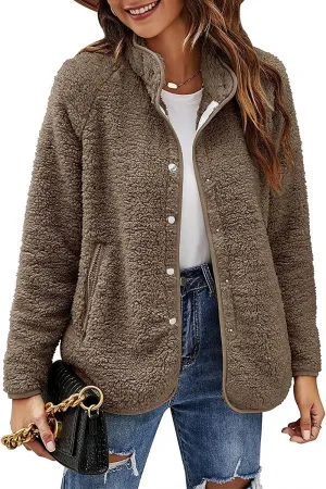 Women's Lapel Button Down Warm Fuzzy Fleece Jacket Long Sleeve Cardigan Coat Oversized Winter Outwear with Pockets